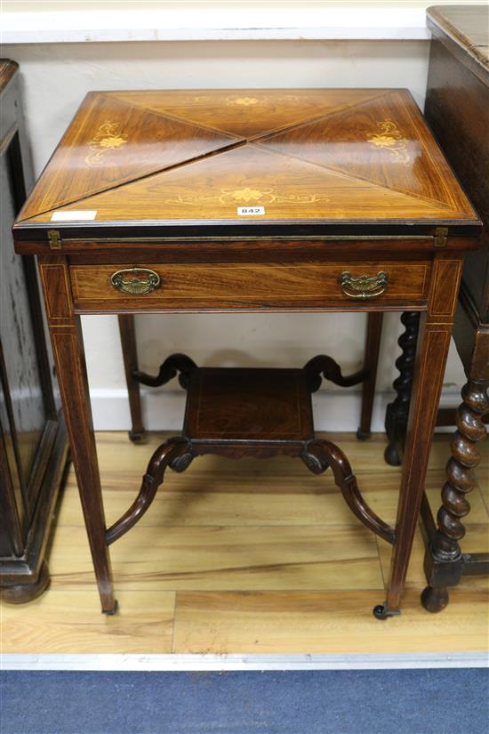 An Edwardian inlaid rosewood envelope card table, W.55cm